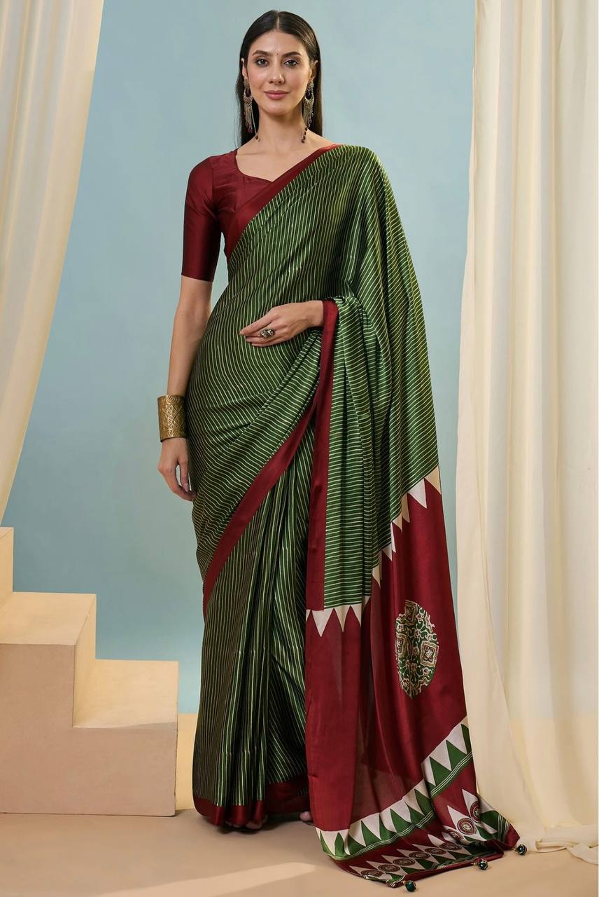 Olive Green Maroon Striped Ajrakh Modal Silk Saree with Designer Border