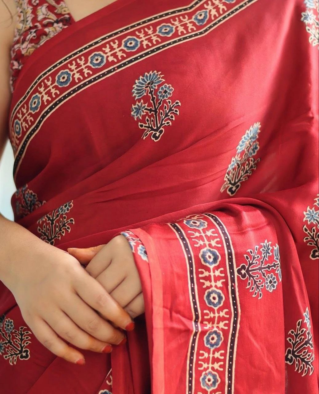 Red Traditional Printed Ajrakh Modal Silk Saree with Ethnic Border