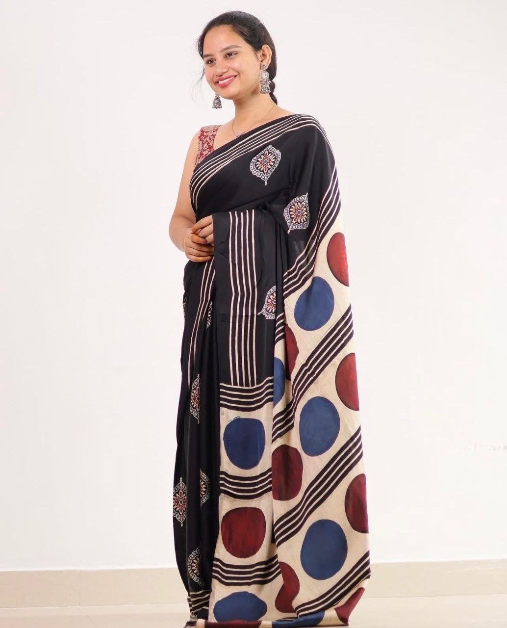 Black Multicolor Printed Ajrakh Modal Silk Saree with Designer Pallu