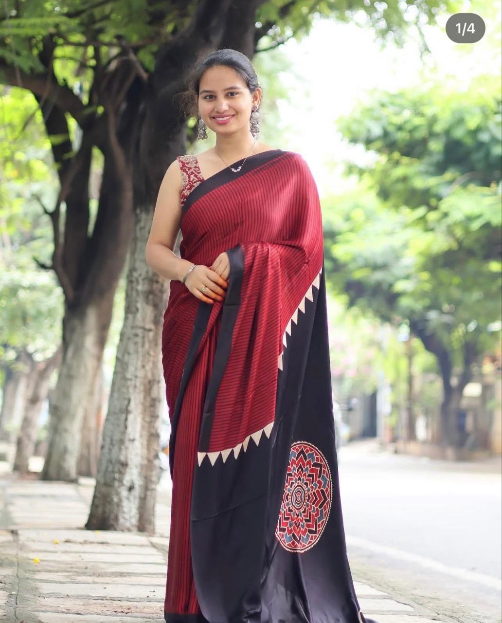 Red Black Striped Ajrakh Modal Silk Saree with Designer Border