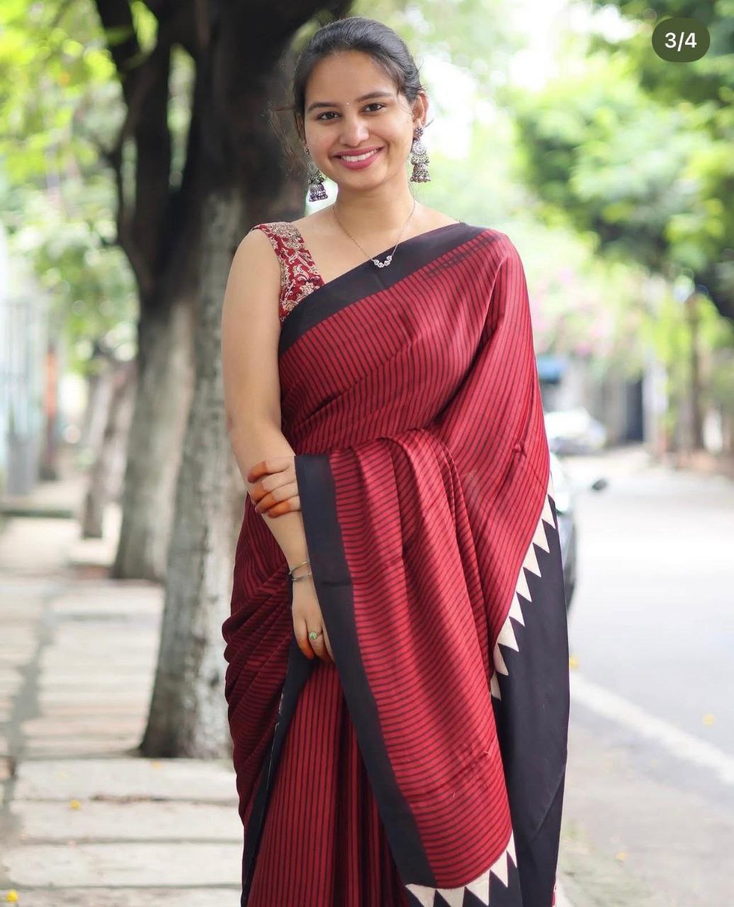 Red Black Striped Ajrakh Modal Silk Saree with Designer Border