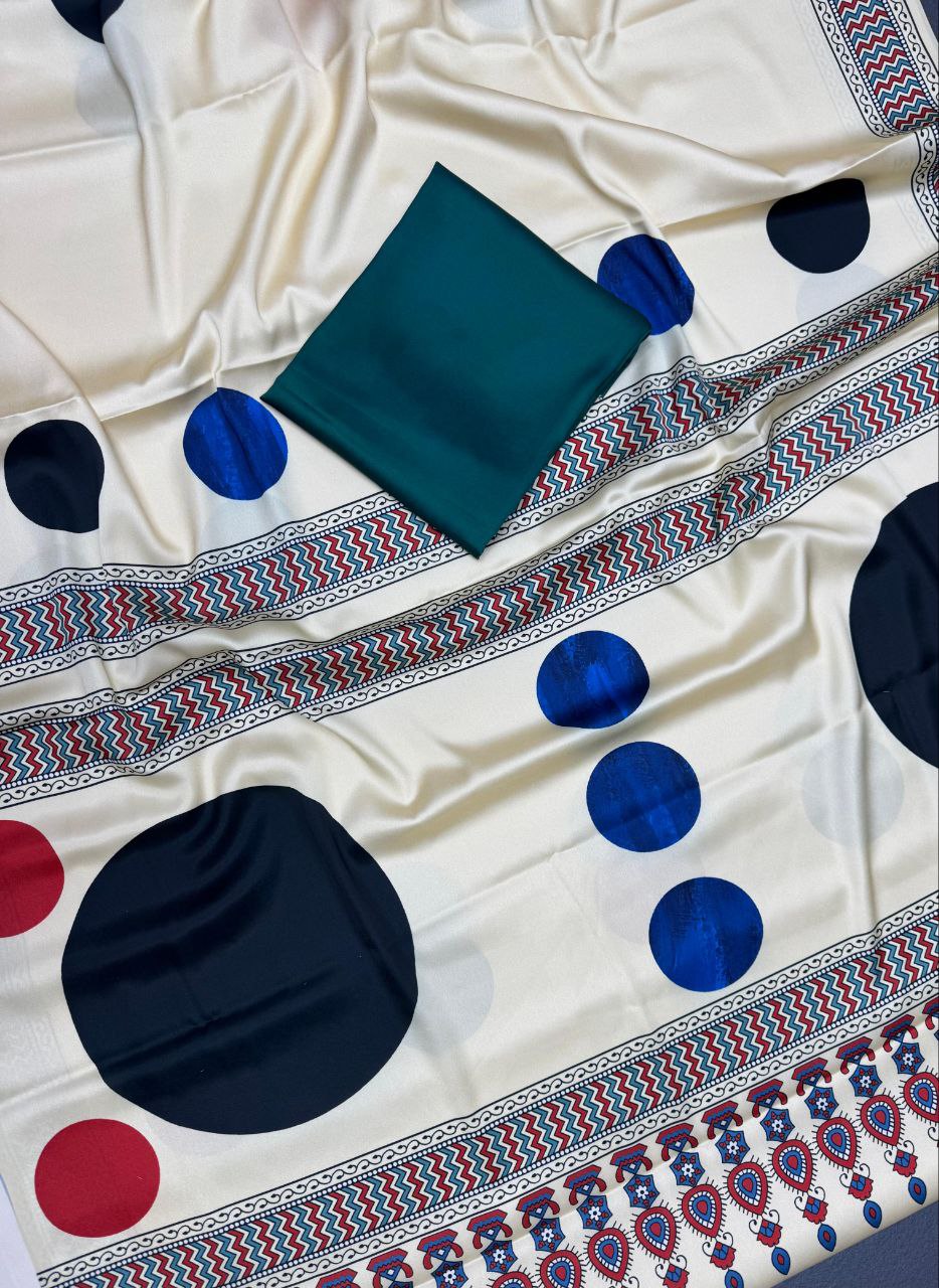 Cream Multicolor Polka Printed Soft Satin Saree with Teal Blouse