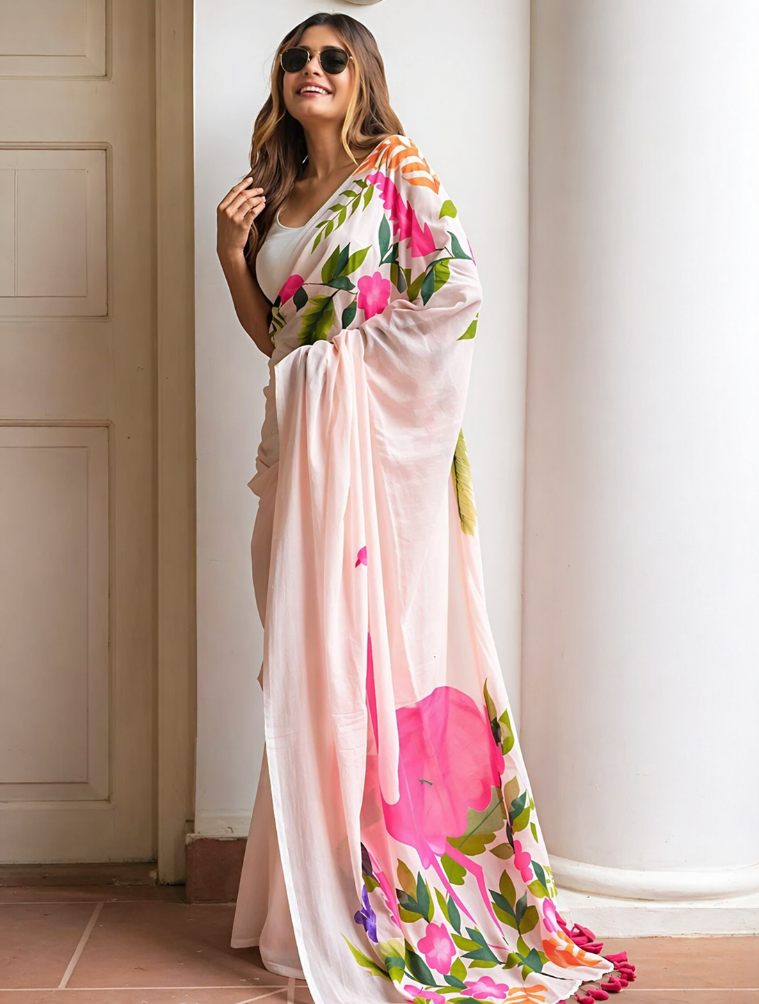 Peach Floral Linen Saree with Soft Pastel Print