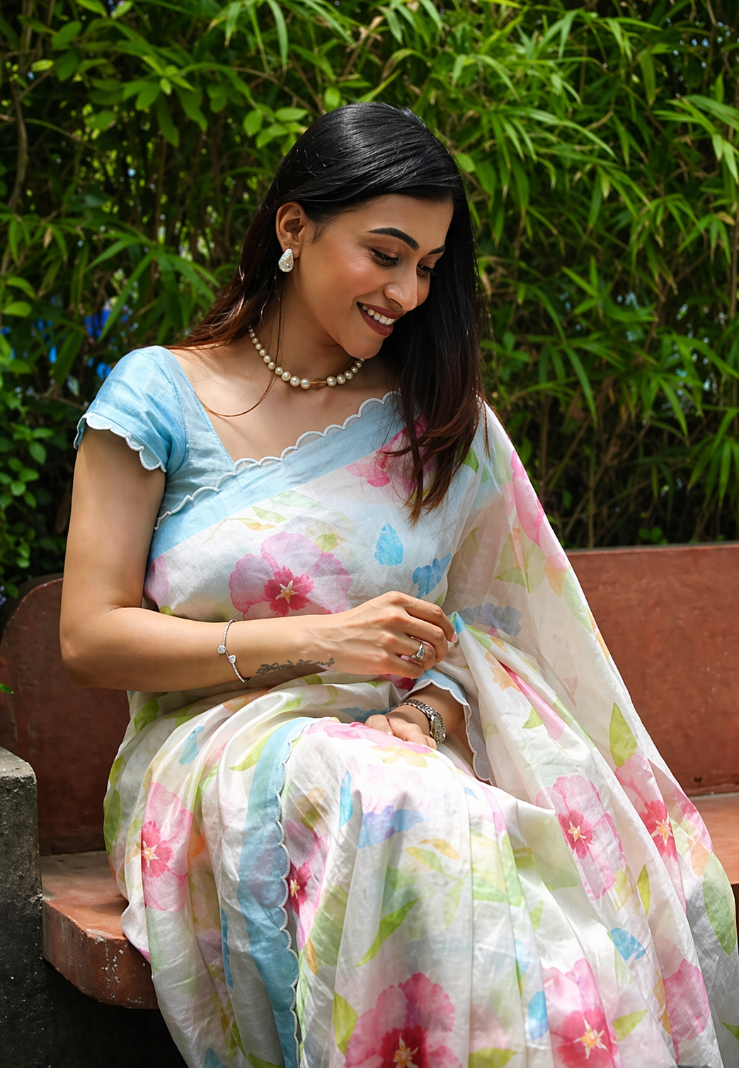 Pastel Floral Linen Saree with Soft Watercolor Print