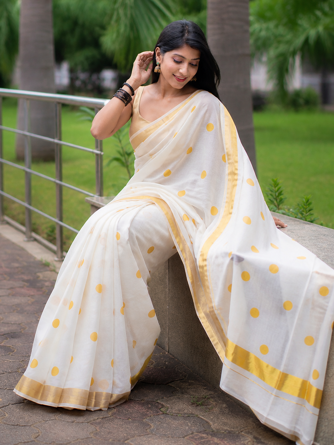 Elegant White Polka Dot Linen Saree with Golden Border
