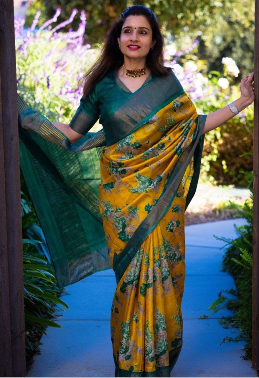 Mustard Yellow and Teal Green Linen Saree with Floral Print and Elegant Pallu