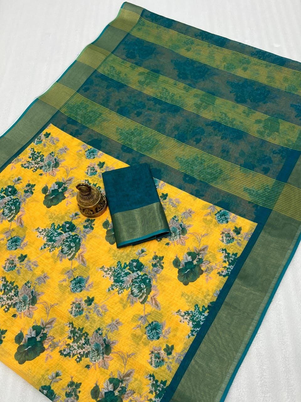Mustard Yellow and Teal Green Linen Saree with Floral Print and Elegant Pallu