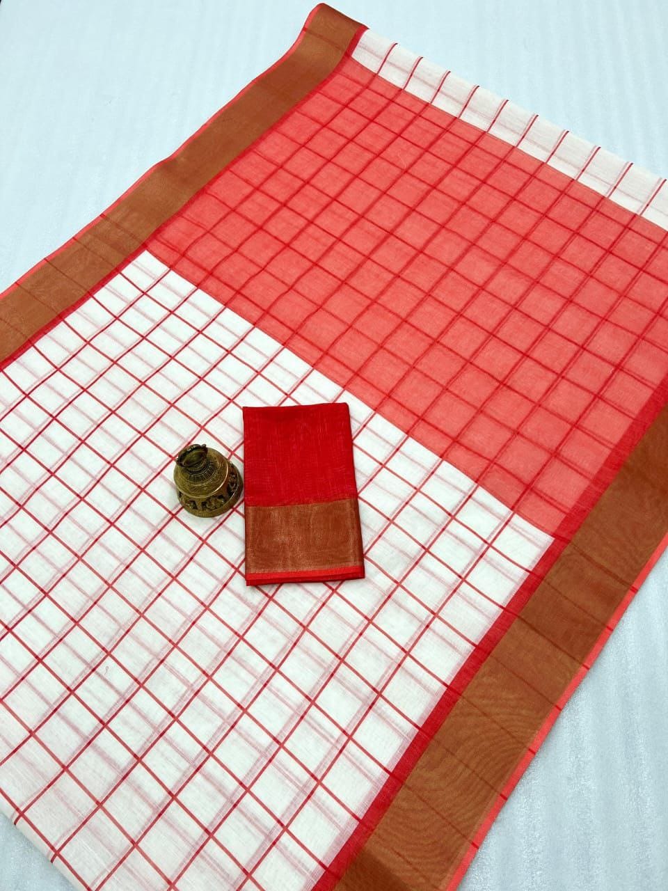 Off-White and Red Checkered Linen Saree with Zari Border