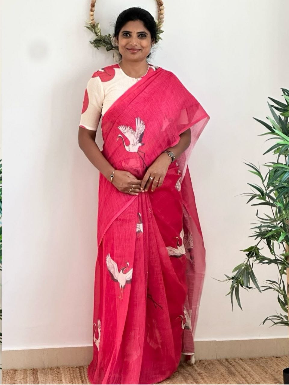 Fuchsia Pink Linen Crane Print Saree
