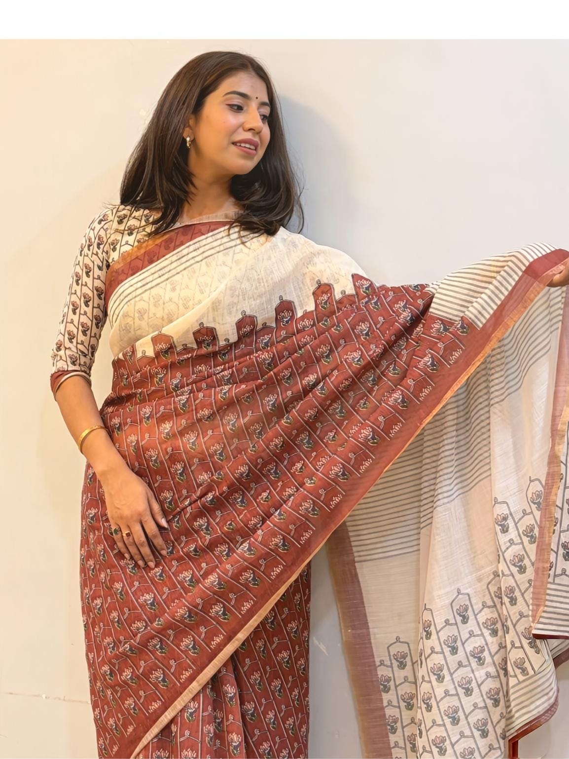 Cream and Rust Red Linen Saree with Block Print Motifs