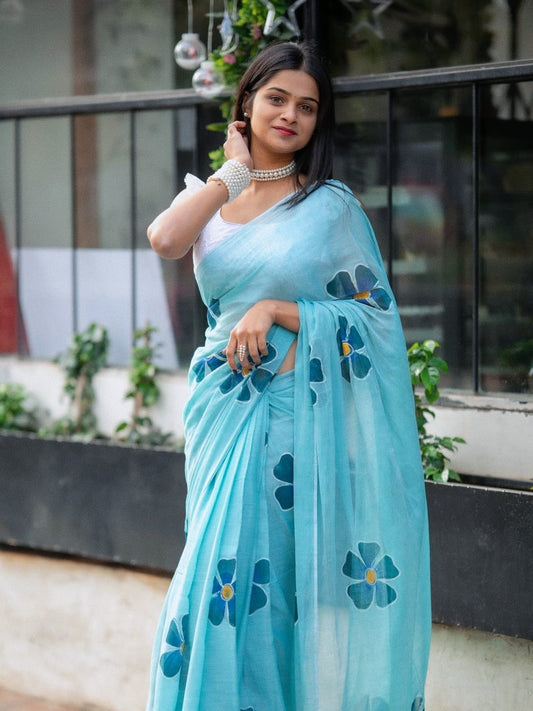 Light Blue Linen Saree with Large Floral Print