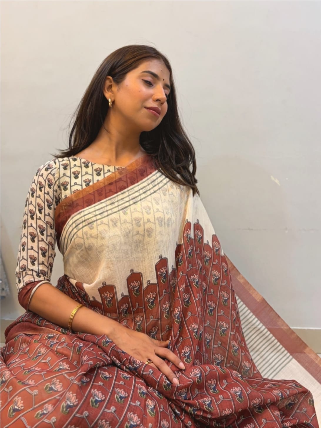 Cream and Rust Red Linen Saree with Block Print Motifs