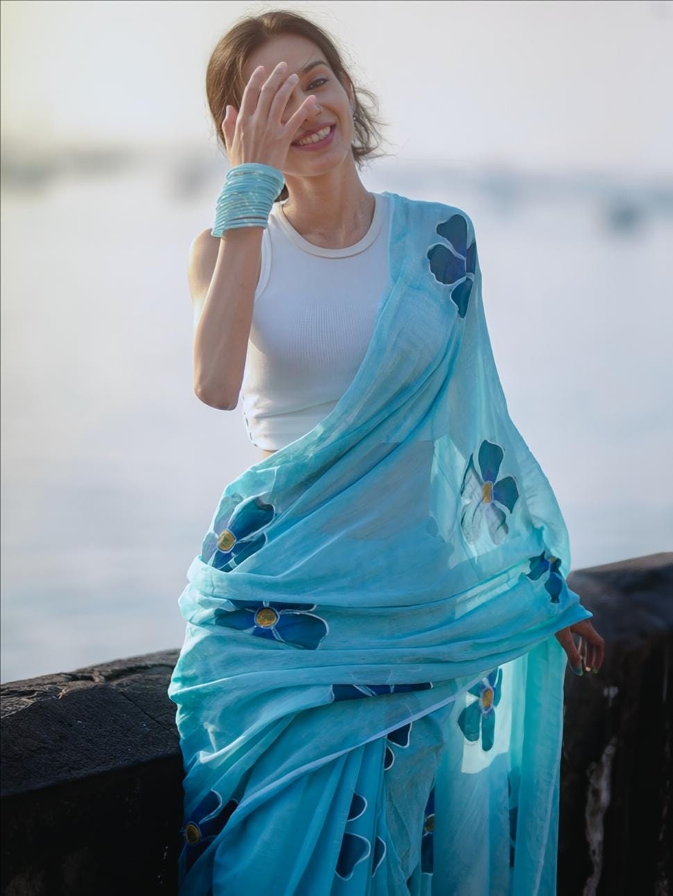 Light Blue Linen Saree with Large Floral Print