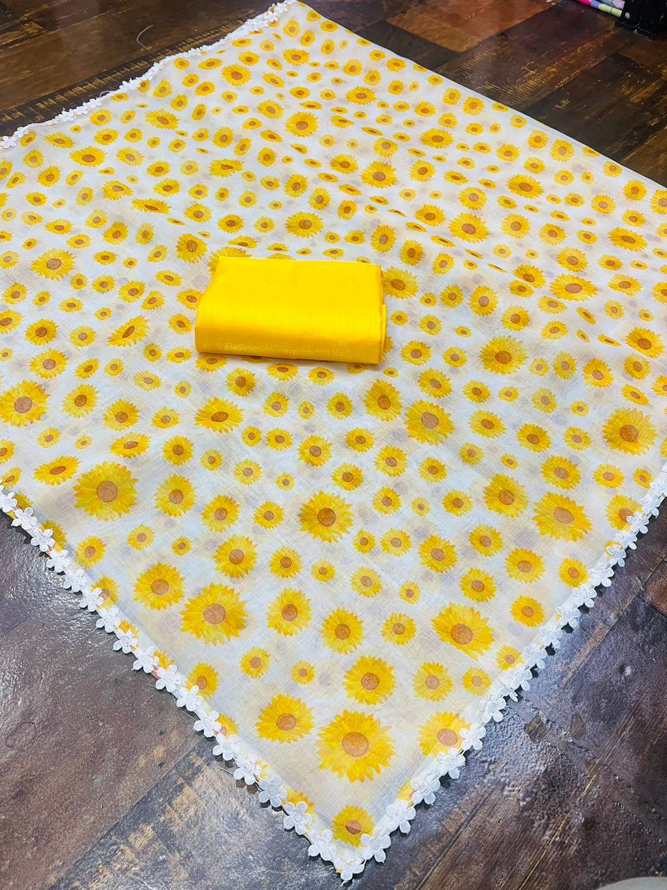 White and Yellow Linen Saree with Sunflower Print and Lace Border