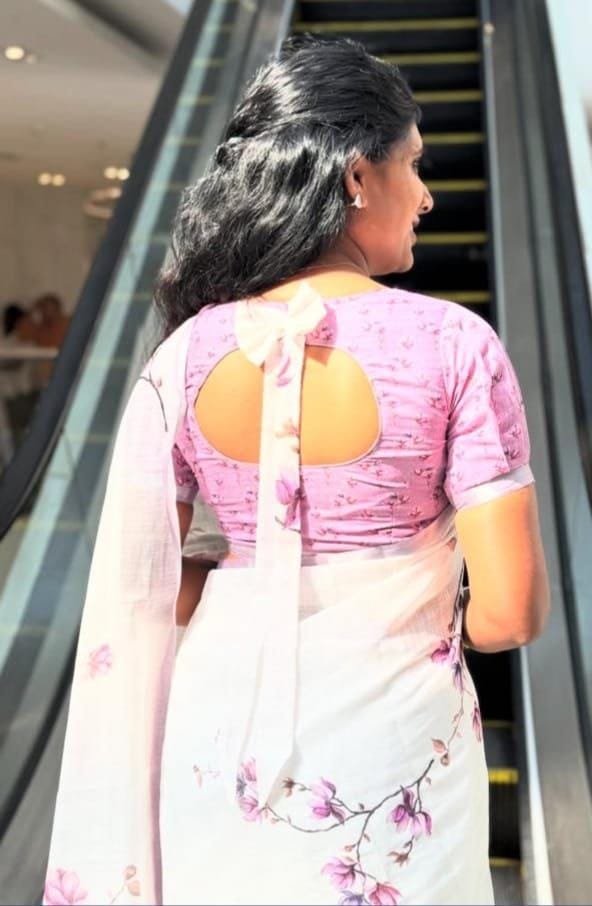 White and Purple Linen Saree with Floral Vine Print