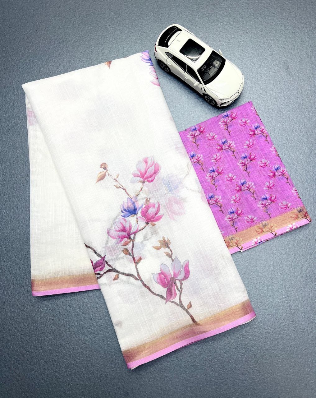 White and Purple Linen Saree with Floral Vine Print