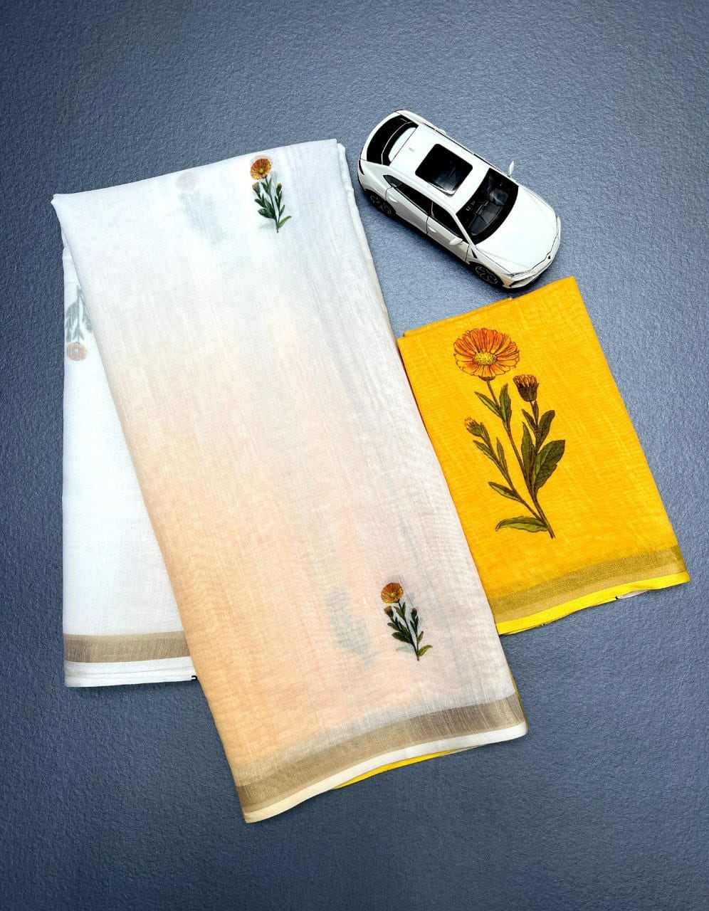 White and Yellow Linen Ombre Saree with Floral Motifs
