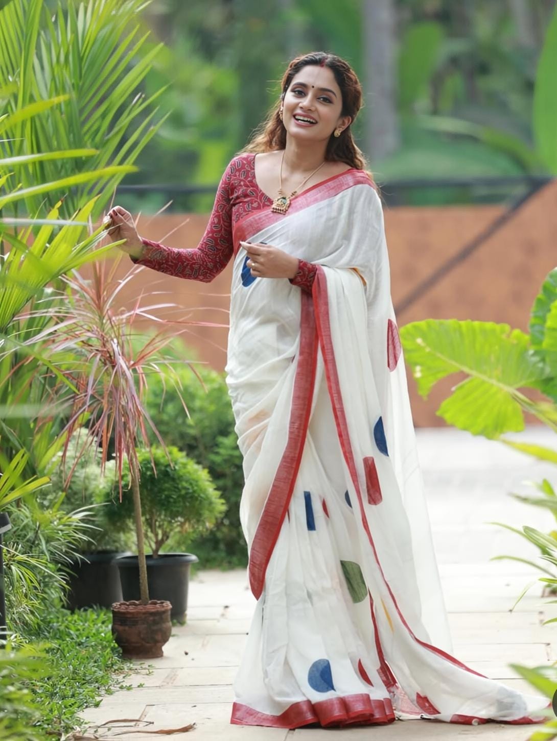 White and Red Linen Polka Dot Saree