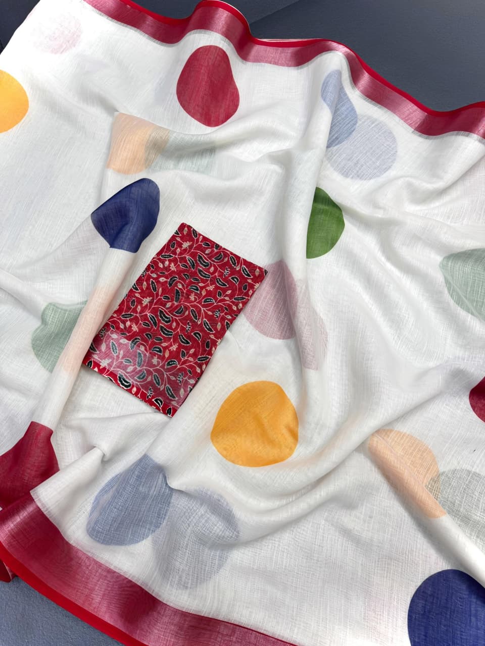 White and Red Linen Polka Dot Saree