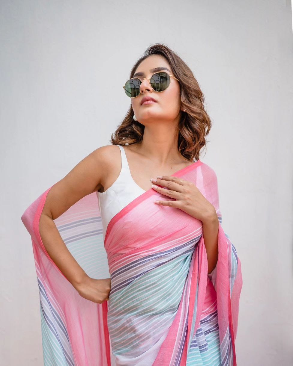 Pink and Pastel Linen Striped Saree