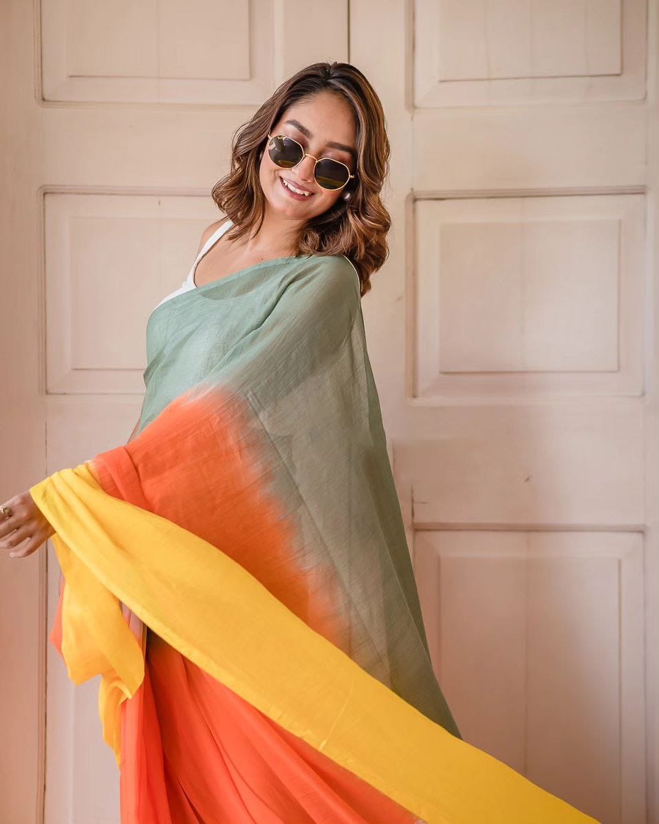 Sage Green, Orange and Yellow Linen Ombre Saree