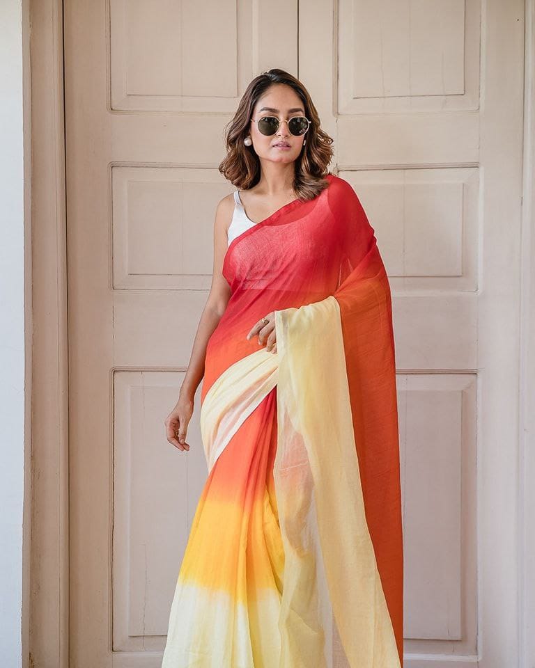 Red, Orange and Yellow Linen Ombre Saree