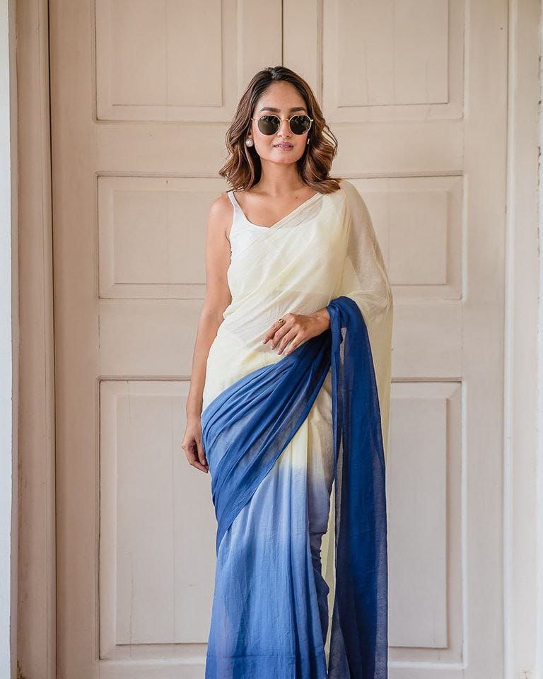 Off-White and Blue Linen Ombre Saree