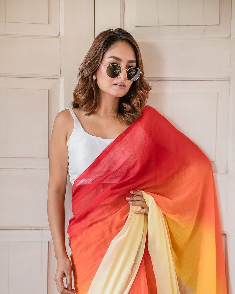 Red, Orange and Yellow Linen Ombre Saree