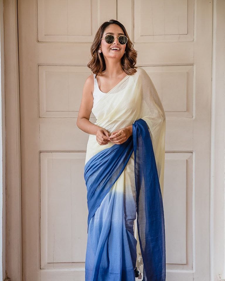 Off-White and Blue Linen Ombre Saree