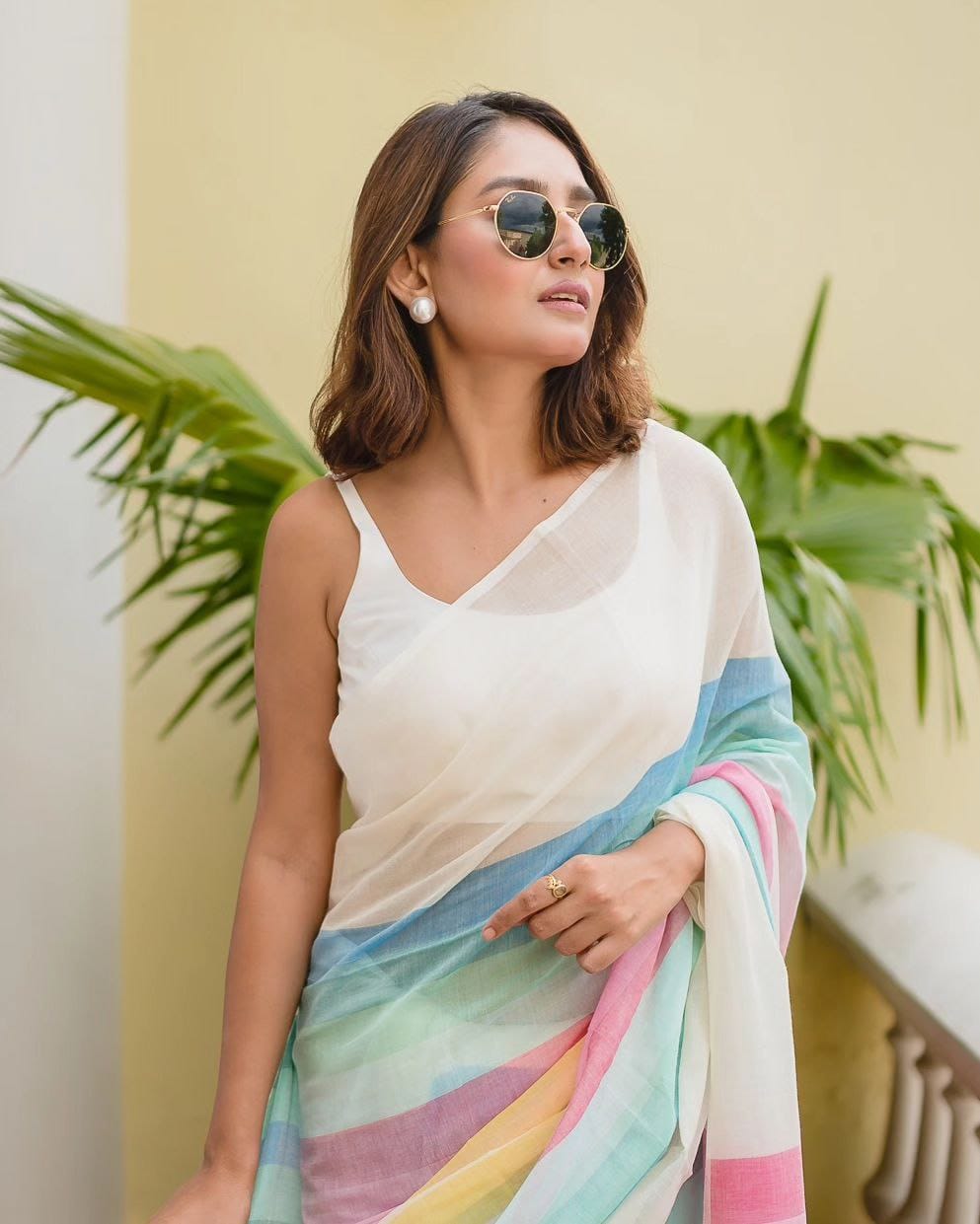 White Linen Saree with Pastel Rainbow Stripes