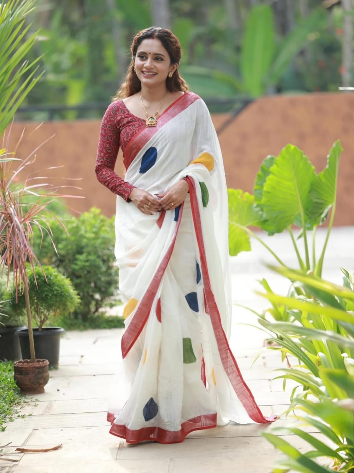 White and Red Linen Polka Dot Saree