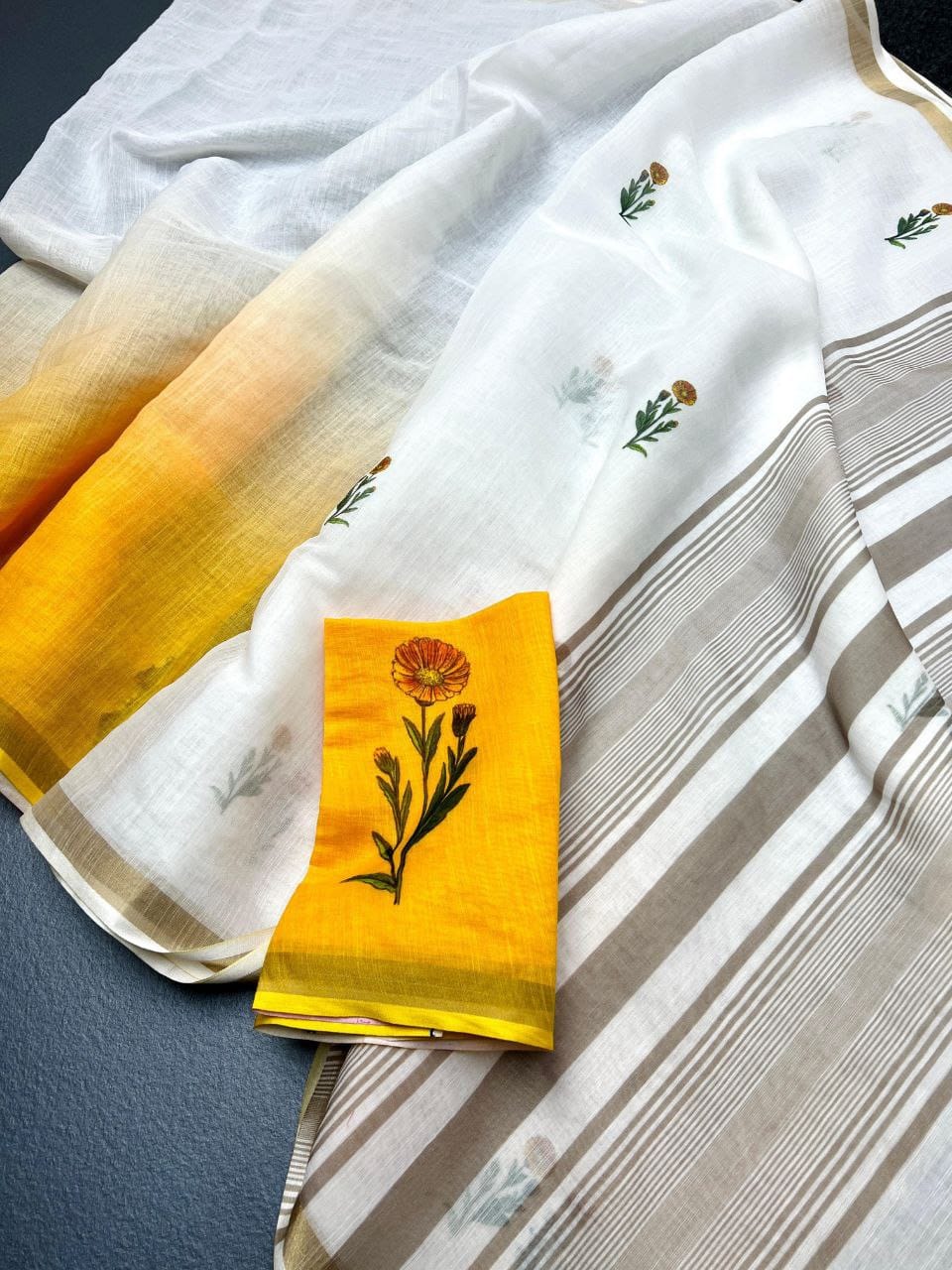 White and Yellow Linen Ombre Saree with Floral Motifs