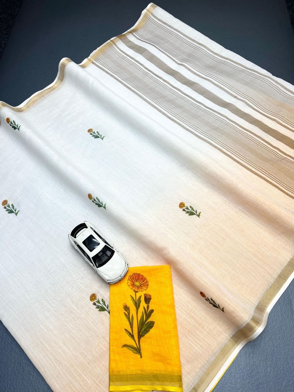 White and Yellow Linen Ombre Saree with Floral Motifs