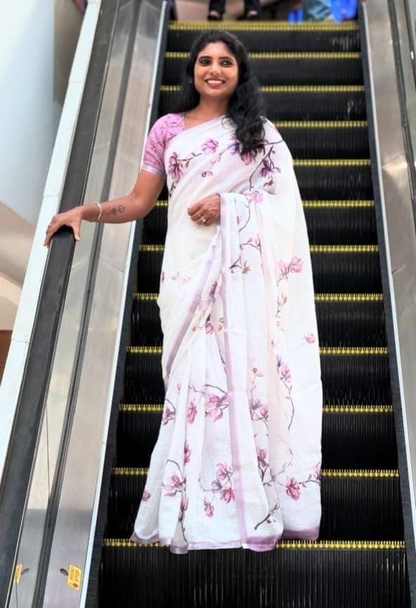 White and Purple Linen Saree with Floral Vine Print
