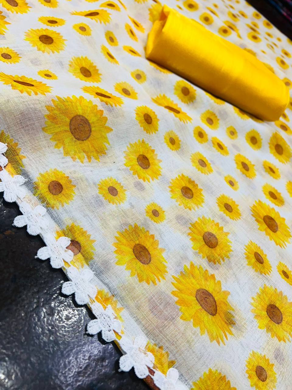 White and Yellow Linen Saree with Sunflower Print and Lace Border