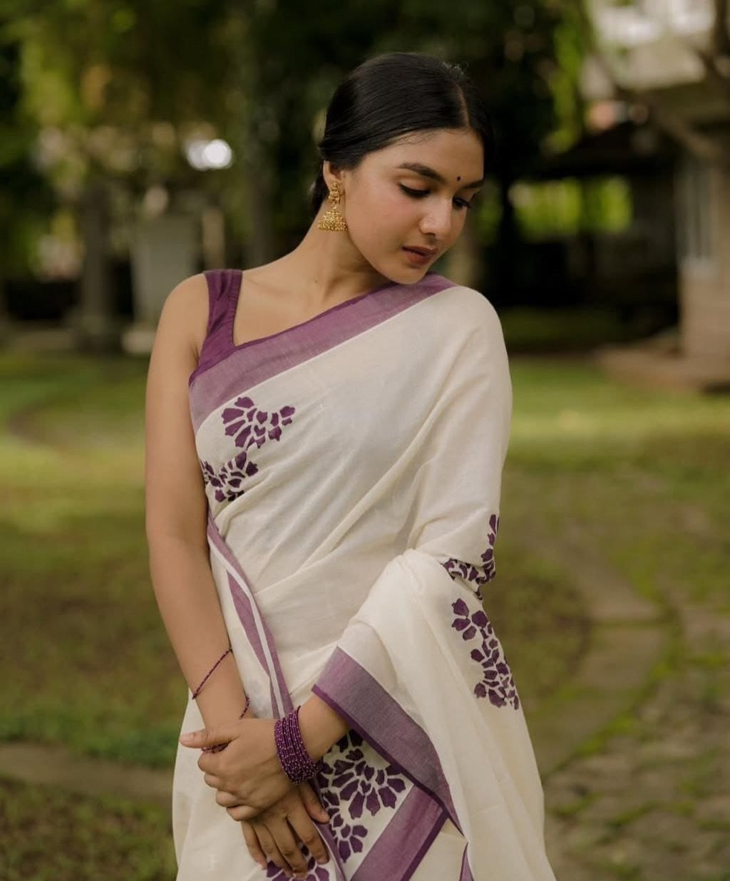 Off-White Linen Saree with Purple Block Print