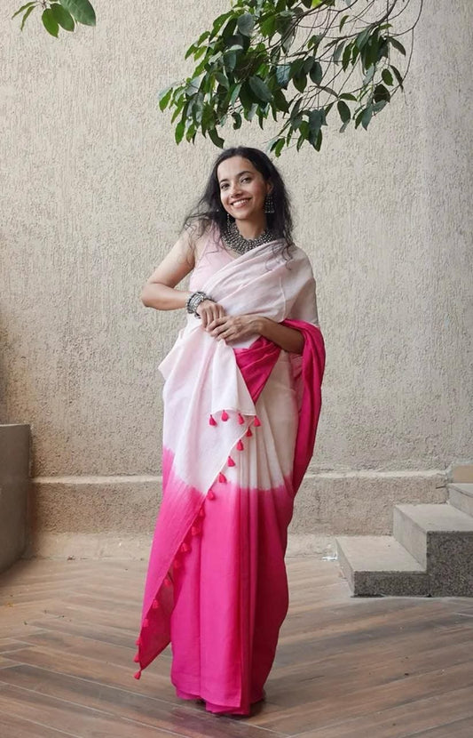 Soft Pink and Hot Pink Linen Dual Tone Saree