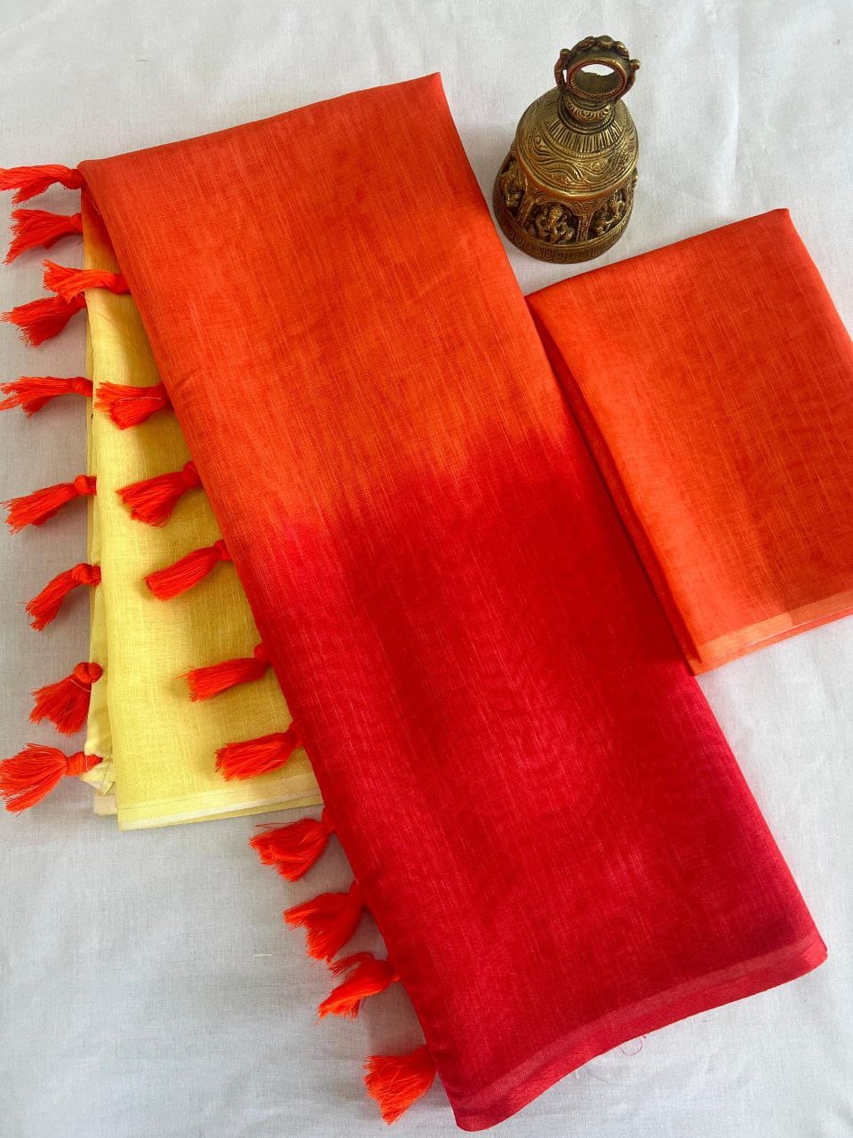 Yellow, Orange and Red Linen Tri-Tone Saree