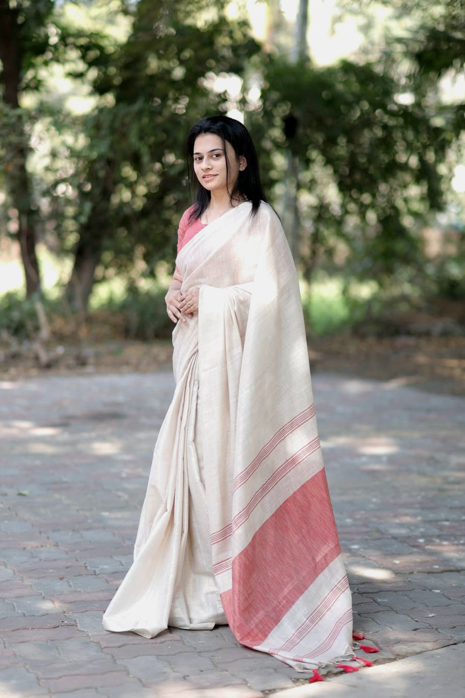 Off-White Linen Saree with Red Border
