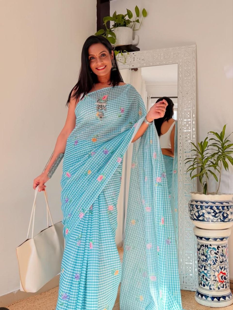 Light Blue Gingham Linen Saree with Floral Prints