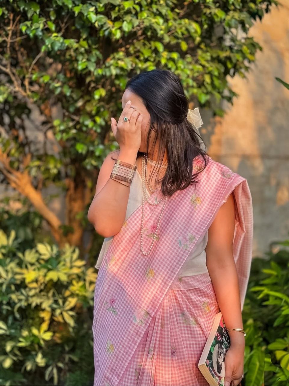 Pink Gingham Linen Saree with Floral Prints
