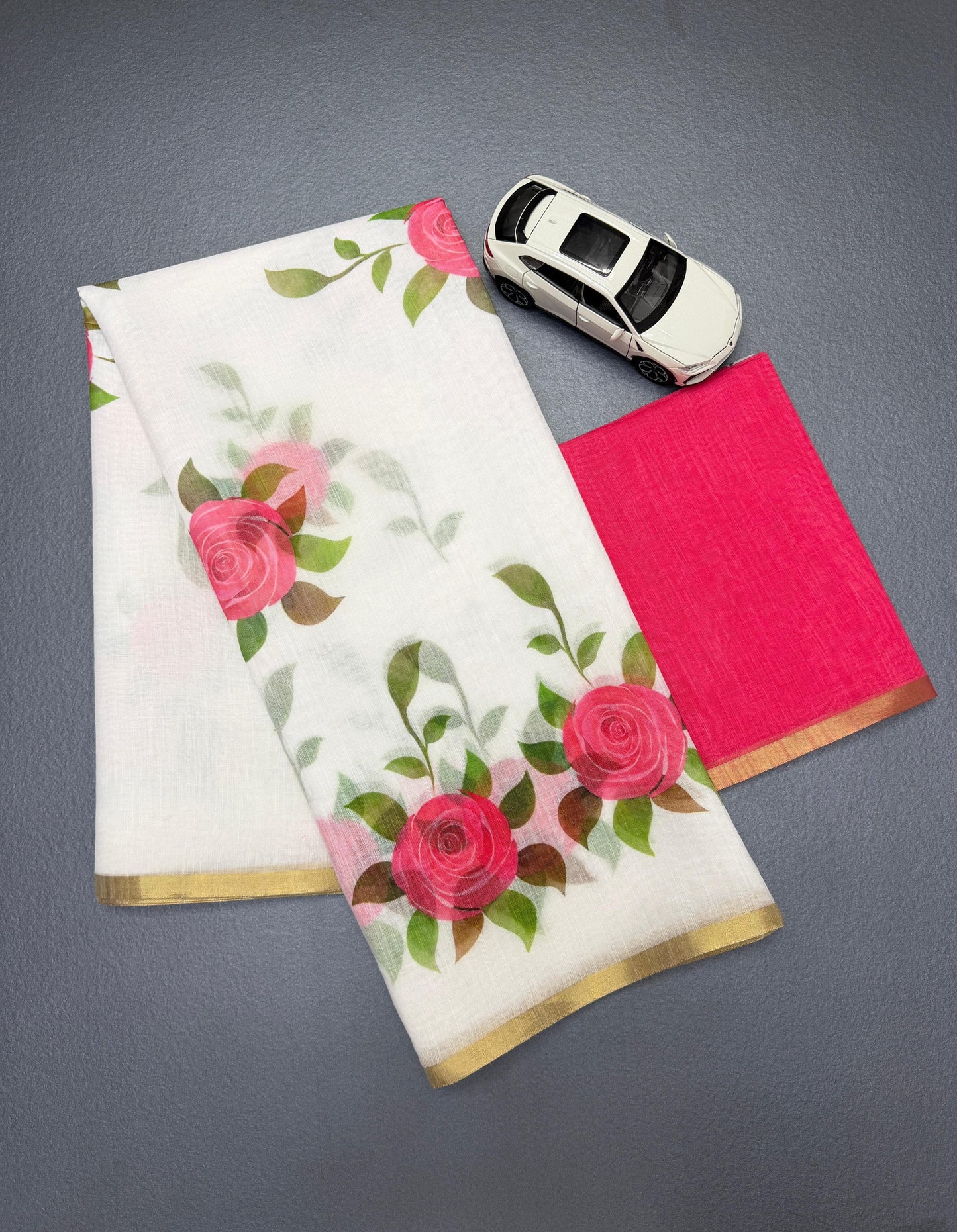 White Linen Saree with Pink Rose Print