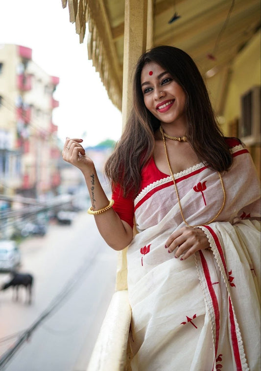 White Linen Saree with Red Tulip Print and Lace Border