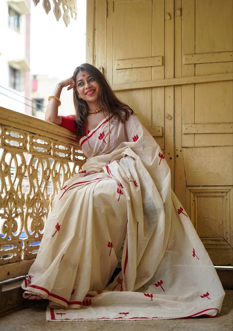 White Linen Saree with Red Tulip Print and Lace Border