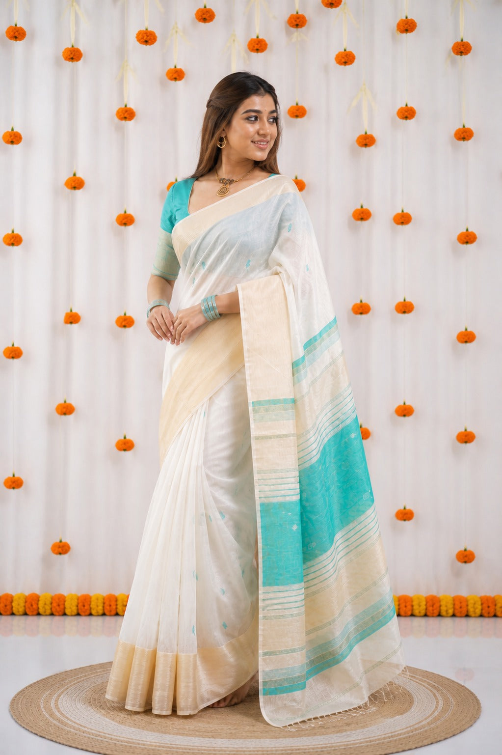 Off-White and Teal Linen Saree with Gold Zari Border