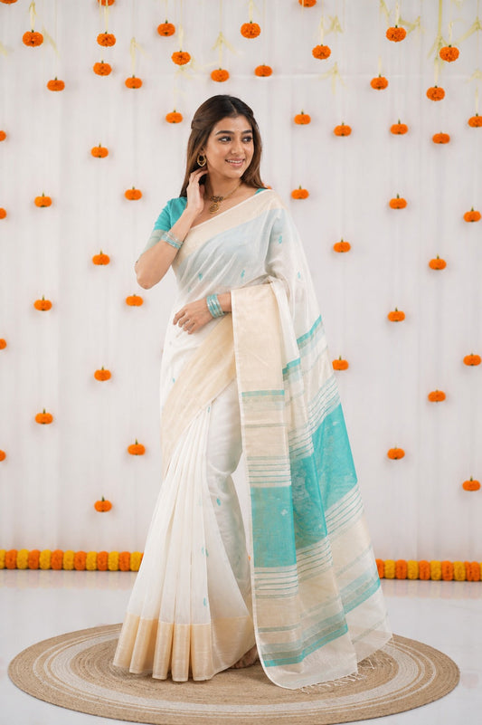 Off-White and Teal Linen Saree with Gold Zari Border