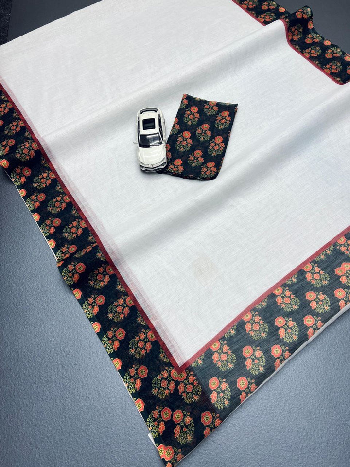 Off White Linen Saree with Black Floral Printed Blouse & Border