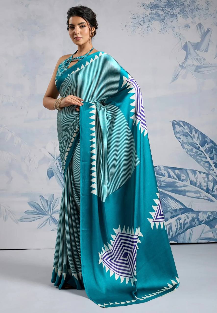 Stylish Teal Geometric Printed Saree with Striped Design & Designer Border – Modern Party & Casual Wear Saree