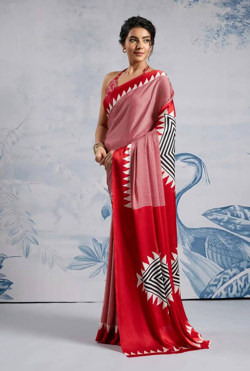 Elegant Red Geometric Printed Saree with Striped Pattern & Designer Border – Stylish Party & Casual Wear Saree