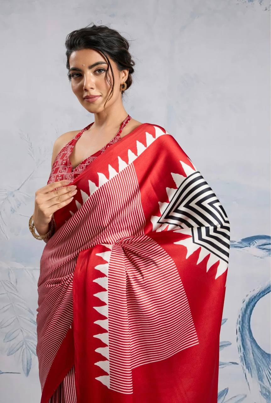 Elegant Red Geometric Printed Saree with Striped Pattern & Designer Border – Stylish Party & Casual Wear Saree